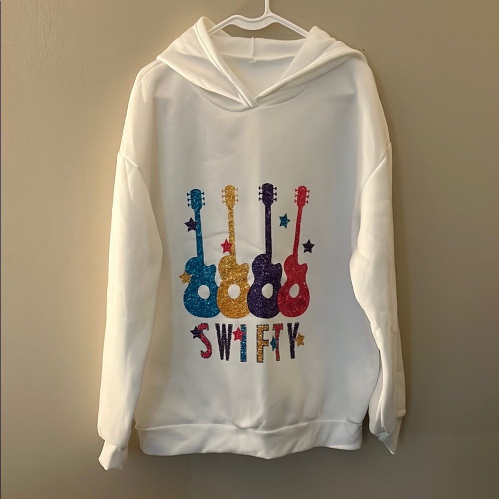 White SWIFTY Hoodie with Colorful Guitar Design